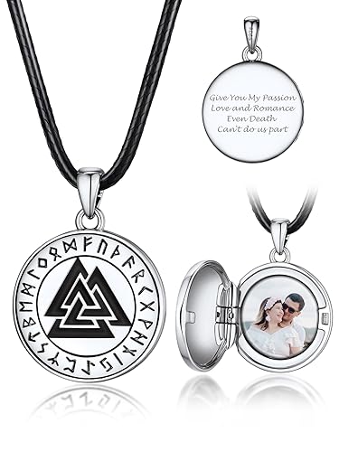 Bandmax Medaillon zum Öffnen mit Bilder Damen 925 Sterling Silber Halskette mit Rund Fotoanhänger Fotokette Gravur Wikinger Valknut Anhänger Amulett Personalisiert Halsschmuck für Mutter Vater von Bandmax