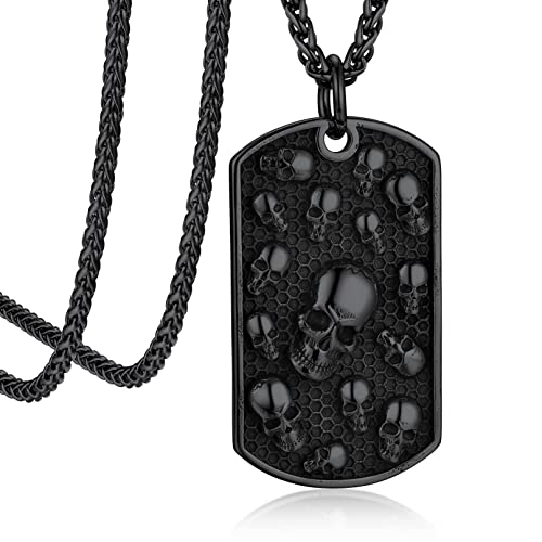 Bandmax Militärische Totenkopf Halskette Herren Panzerkette Edelstahl Schwarz Skull Kette Anhänger Dog Tag Halskette Schädel Kette Punk Gotik Schmuck Accessoires Länge 55CM+5CM von Bandmax