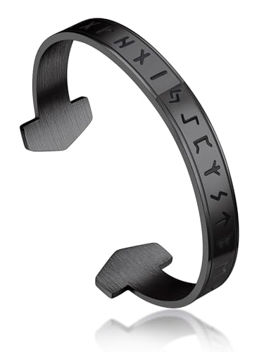 Bandmax Mjölnir Armband Offen Herren Armband Runen Edelstahl Armspange Schwarz Viking Armband Freundschaftsarmband Manschette Armband Wikinger Schmuck Accessoires von Bandmax