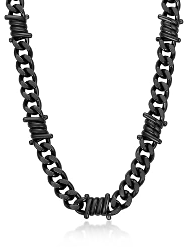 Bandmax Panzerkette Herren Halskette Edelstahl Dornenkette 12mm Stacheldrahtkette Schwarz Männer Dornen Halskette 45cm Gliederkette Kubanische Kette Gotik Halsband Modeschmuck für Valentinstag von Bandmax
