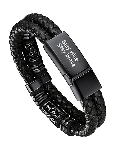 Bandmax Personalisiertes Armband 23cm Schwarzes Flechtarmband Männer Lederarmband mit Magnetverschluss Manschette Armband Wikinger Geflochten Armreif Armkette mit Kompass Wikinger Schmuck von Bandmax