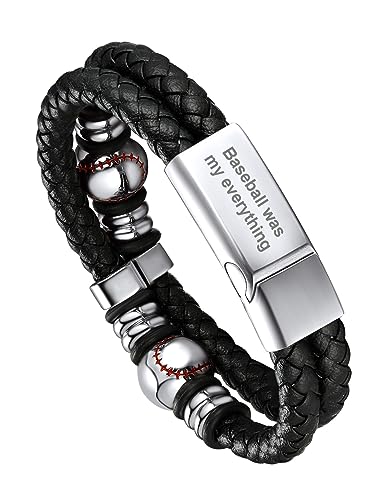 Bandmax Personalisiertes Flechtarmband 21cm für Männer Lederarmband mit Gravur Magnetverschluss Geflochtenes Armband aus Mikrofaser-Leder Manschette Armkette mit Baseball Schmuckzubehör Modeschmuck von Bandmax