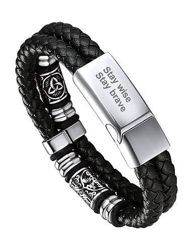 Bandmax Personalisiertes Flechtarmband Männer 21cm Lederarmband Magnetverschluss Armband Geflochtenes Armband aus Mikrofaser-Leder Manschette Armband mit Kompass und keltischem Schmuckzubehör von Bandmax