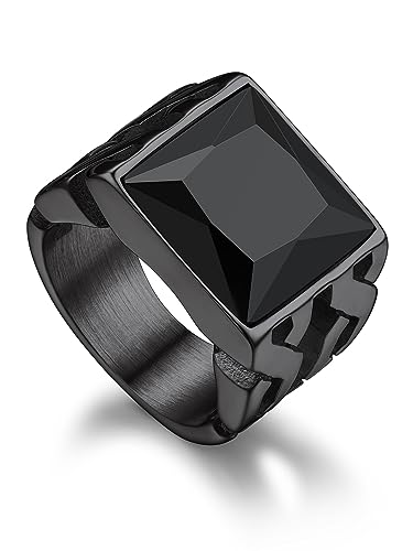 Bandmax Ring Schwarz Herren Siegelring Edelstahl Wikinger Ringe Damen Größe 57mm Ring mit Stein 14MM breit Onyx Ring Bandring Accessoires Wikinger Modeschmuck von Bandmax