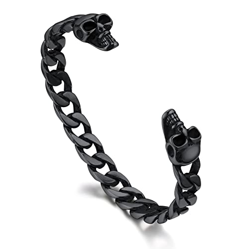 Bandmax Schädel Armreif Offene Armspange Edelstahl Armband Herren Skull Cuban Link Armband Totenkopf Armband im Schwarz Freundschaftsarmband Biker Punk Gothic Schmuck von Bandmax