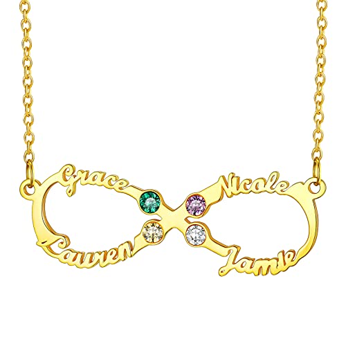 Bandmax Schlüsselbein Kette für Damen Mädchen personalisiert Namen Kette mit Unendlichkeit Symbol 18k vergoldet 4 Namen mit Geburtssteine Halskette 40+5cm Schmuck Souvenir für Freundschaft von Bandmax