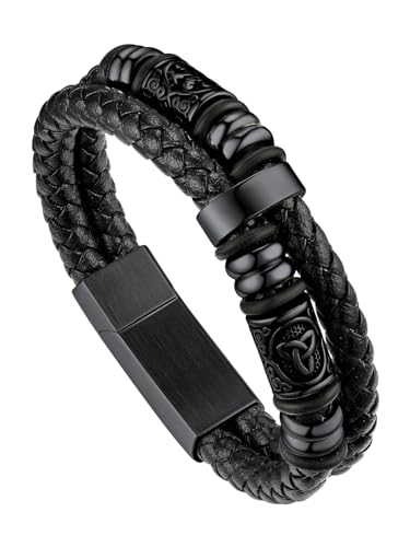 Bandmax Schwarz Kunstleder Armband Herren Lederarmband Magnetverschluss Geflochtenes Armband 25cm Männer Wickelarmband mit Kompass und keltischem Wachsseil Lederarmkette Schwarz Armschmuck für Freund von Bandmax