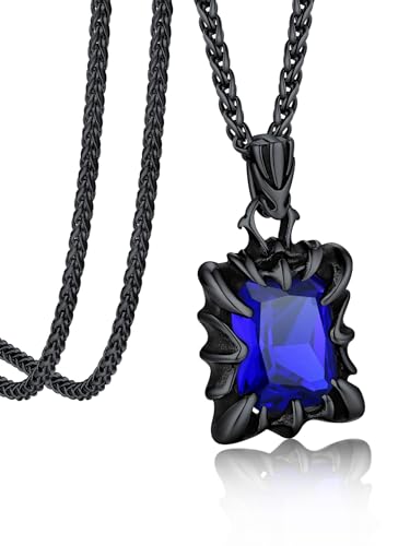 Bandmax Schwarze Kette Blauer Stein Halskette Herren Damen Edelstahl Kette mit blauem Stein Panzerkette 55CM Anhänger Kette Satan Punk Kubanische Kette Jungen Mädchen Gothic Schmuck Accessoires von Bandmax