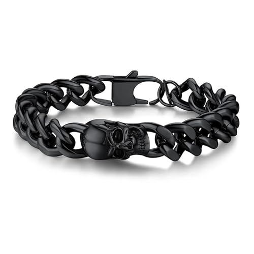 Bandmax Panzerkette Armband Männer Edelstahl Skull Armbänder Totenkopf Herren Schwarz Skelett Totenkopf Gliederkette Armbänder Kubanische Armband 23cm Kettenarmband Gliederarmband für Vatertag von Bandmax