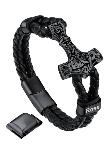 Bandmax Schwarzes Thors Hammer Männerarmband Personalisiert Wikinger Lederarmband Länge 23 CM Mjölnir Geflochtenes Armband mit Magnetverschluss Viking Schmuck von Bandmax