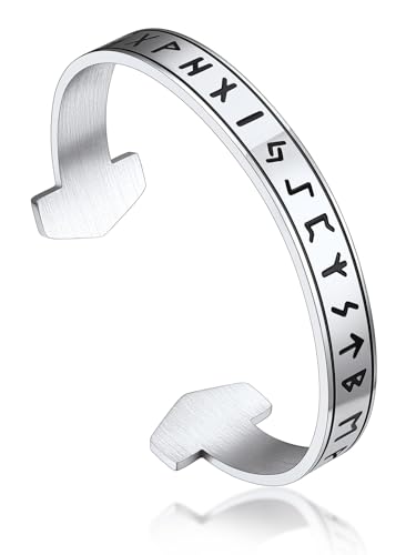Bandmax Thors Hammer Armband Armreif Offen Runen Armband Herren Damen Edelstahl Armspange Manschettenarmband Freundschaftsarmband Accessoires Wikinger Schmuck von Bandmax