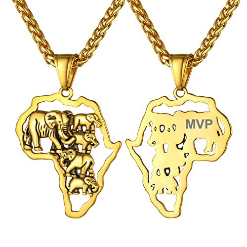 Bandmax personalisiert Afrika Kette 18k vergoldet Afrika Profil & Elefanten Anhänger mit 55+5cm/3mm Weizenkette Vintage Afrikanischer Modeschmuck Accessoire von Bandmax
