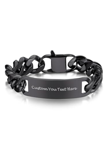 Bandmax personalisiert ID-Armband für Herren 23cm 15mm breit schwarz Edelstahl Panzerkette Schildarmband schlichte Partner Armband Modeschmuck für Freundschaft Geburtstag von Bandmax