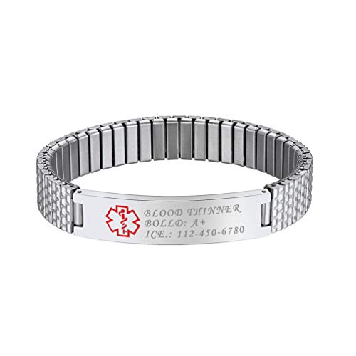 Bandmax personalisiert Medizinische Alert Symbol ID Armband Edelstahl Stretcharmband verstellbares SOS Notfall Gravur Manschette Armband Schmuck Geburtstag für Männer Frauen von Bandmax