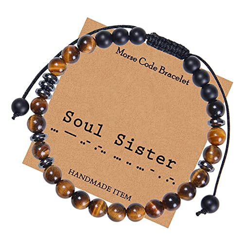 Armband mit Buchstaben, Bead Armband Damen Schwarz Braun Tigerauge 6mm Morsecode Armband "Soul Sister" Perlenarmbänder Geschenke für Mama 30cmx6mm von Banemi