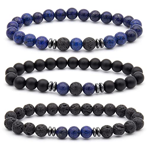 Banemi Armkette Herren, Lavagestein Armband Blau Schwarz Mode Elegantes Perlenarmband Perlenarmbänder Edelstein Armband 8mm von Banemi