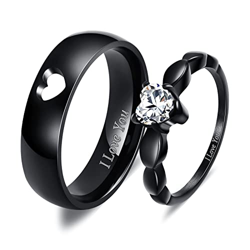 Banemi Freundschaftsringe Paar, Verlobungsring Paar Schwarz Partner Ringe für 2 Carven I Love You Zirkonia Ehering Ringe Schmuck Geschenk von Banemi