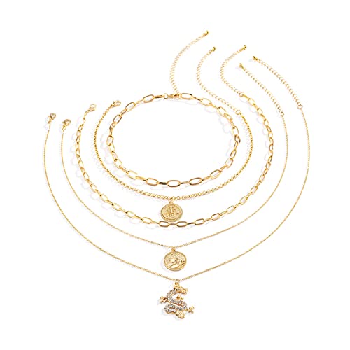 Banemi Kette Mehrreihig Gold, Kette Damen Lang 5-Layered Drachenmünze Choker für Frauen Mädchen Geschenk Schmuck 45cm von Banemi