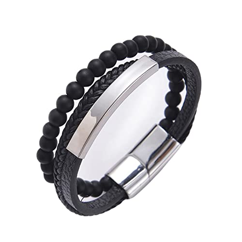 Banemi Zirkonia Armband Herren, Armband Herren Perlen Schwarz Versilberter Sockel Alphabet Perlen Geflochtenes Armband Perlenarmbänder 21cmx6mm von Banemi