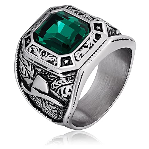 Edelstahl Ring Herren, Cubic Zirconia Ring Grün Solitärring mit Stiermuster Vatertagsgeschenk Größe 62 (19.7) von Banemi
