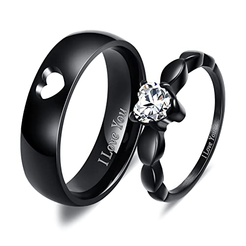 Freundschaftsringe Paar, Verlobungsring Paar Schwarz Partner Ringe für 2 Carven I Love You Zirkonia Ehering Ringe Schmuck Geschenk von Banemi
