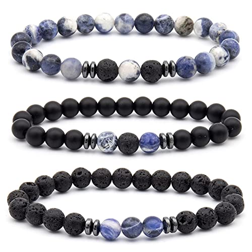 Lava Armband Herren, Beads Armband Herren Blau 8 mm Saphir Dreiteiliges Armband Perlenarmbänder Geschenke für Beste Freundin 8mm von Banemi