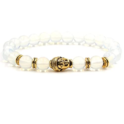 Perlenarmband Damen, Opal Armband Damen Weiss Legierung Goldener Buddha Perlenarmbänder Geschenke für Frauen 19cmx8mm von Banemi