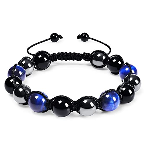 Tigerauge Armband Herren, Beads Armband Herren Schwarz Blau 10 mm Tigerauge Verstellbares Geflochtenes Perlenarmband Perlenarmbänder 30cmx10mm von Banemi