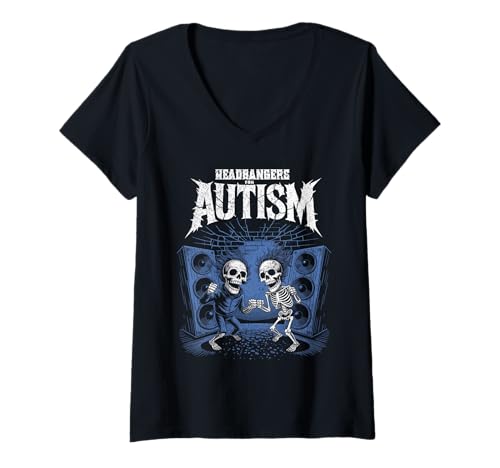 Damen Headbangers for Autism Skelett Mosh Pit Lautsprecher Rock T-Shirt mit V-Ausschnitt von Bang4Cause