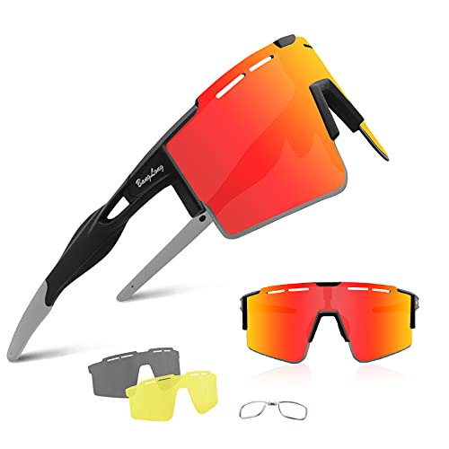BangLong Polarisierte Sonnenbrille, Fahrradbrille Herren Damen UV 400 Schutz mit 3 Wechselgläser, Schutzbrille Sportbrille für Outdoorsport Radfahren Laufen Golf (Z02-Rot) von BangLong