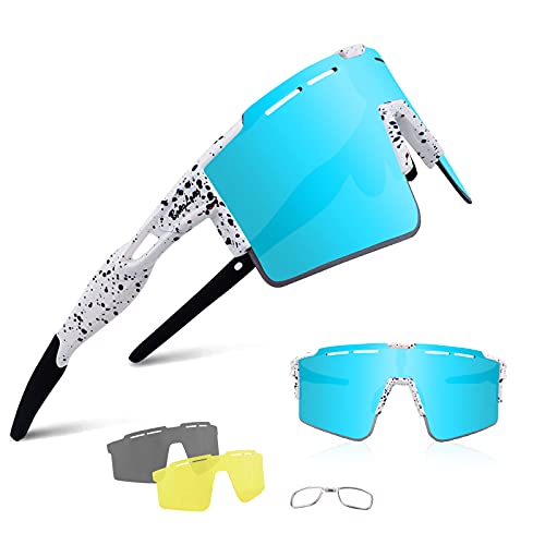 BangLong Polarisierte Sonnenbrille, Fahrradbrille Herren Damen UV 400 Schutz mit 3 Wechselgläser, Schutzbrille Sportbrille für Outdoorsport Radfahren Laufen Golf (Z03-Hellblau) von BangLong