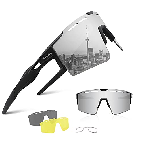BangLong Polarisierte Sonnenbrille, Fahrradbrille Herren Damen UV 400 Schutz mit 3 Wechselgläser, Schutzbrille Sportbrille für Outdoorsport Radfahren Laufen Golf (Z05-Silber) von BangLong