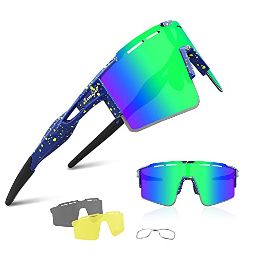 BangLong Polarisierte Sonnenbrille, Fahrradbrille Herren Damen UV 400 Schutz mit 3 Wechselgläser, Schutzbrille Sportbrille für Outdoorsport Radfahren Laufen Golf (Z06-Grün) von BangLong