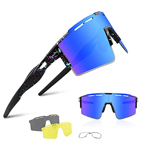 BangLong Polarisierte Sonnenbrille, Fahrradbrille Herren Damen UV 400 Schutz mit 3 Wechselgläser, Schutzbrille Sportbrille für Outdoorsport Radfahren Laufen Golf (Z08-Blau) von BangLong