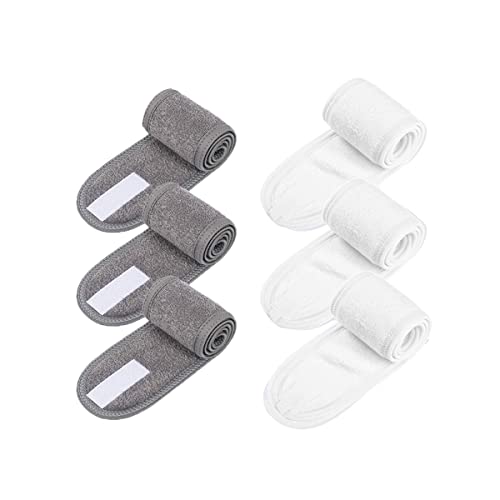 BangShou 6Stk Kosmetishe Haarband mit Klettverschluss, SPA Stirnband Frottee Haarschutzband für Duschen, Make Up und Kosmetik (Weiß+Grau) von BangShou