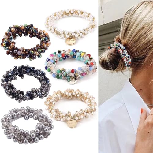 Bangbobi - Set mit 6 Kristall-Scrunchies - Haargummi Damen mit Perlen - Elastischer Haargummi - Haarschmuck für Frauen und Mädchen - Scrunchies Perlen Strass - Für jeden Anlass geeignet von Bangbobi