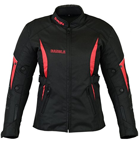 Bangla Damen Motorrad Jacke Motorradjacke Textil mit Protektoren in Ellbogen, Schulter und Rücken schwarz mit Rot L von Bangla