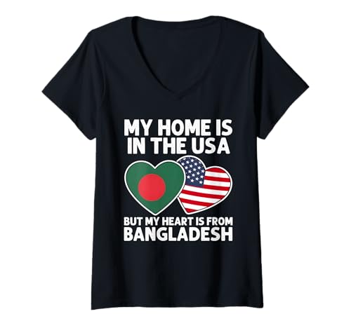 Damen Mein Zuhause USA Mein Herz Bangladesh Bangladeshi American Pride T-Shirt mit V-Ausschnitt Damen Mein Zuhause USA Mein Herz Bangladesh Bangladeshi American Pride T-Shirt mit V-Ausschnitt von Bangladesh Pride Flag Apparel