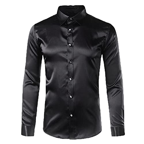 Gold Seidensatin Hemd Herren Mode Herren Slim Fit Langarm Emulation Seide Button Down Dress Shirt Rot Black S von Bangqi