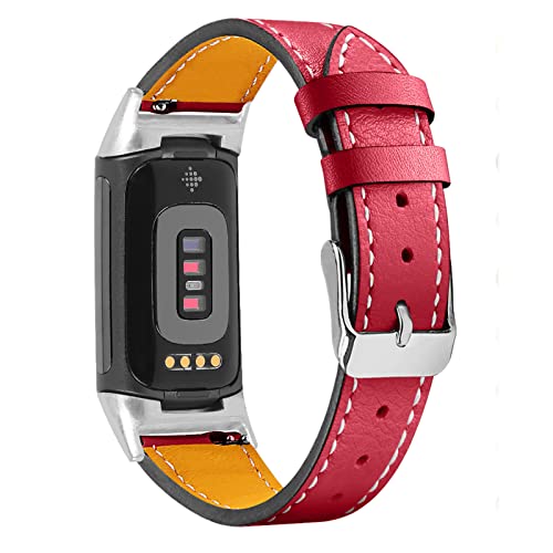 Kompatibel mit Fitbit Charge 5 Lederbändern für Damen und Herren, feminines Leder, Ersatz-Uhrenarmband, Armband-Zubehör für Fitbit Charge 5 GPS-Tracker (rot) von Bangyee