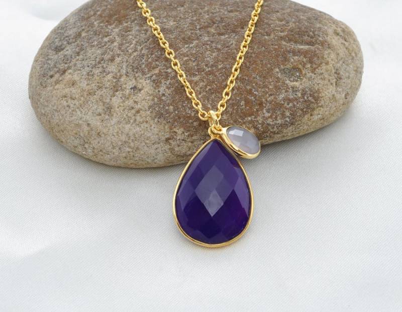 Amethyst Chalcedon Edelstein Halskette - 18K Vergoldete Sterling Silber Weihnachtsgeschenk Schmuck Zarte Geschenk Für Sie von BaniThani