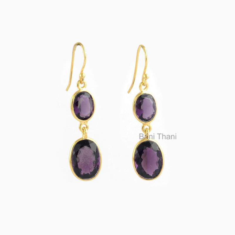 Amethyst Quarz Oval Edelstein Tropfen Ohrringe, Vergoldete 925 Sterling Silber Brautschmuck, Haken Geschenk Für Mutter von BaniThani