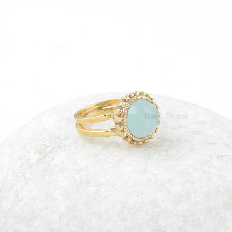 Aqua Chalcedon Edelstein Silber Ring - 925 Sterling Vergoldet Verlobungsgeschenk Für Sie Frauen Schmuck 10 Mm Rund Boho von BaniThani