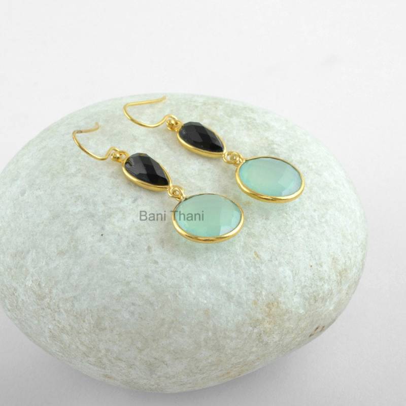 Aqua Chalcedon Ohrringe-Multi Stein Ohrringe-Vergoldete Ohrringe-Schwarzer Onyx Ohrringe-Baumeln Ohrringe-Silber Ohrringe-Weihnachtsgeschenke von BaniThani