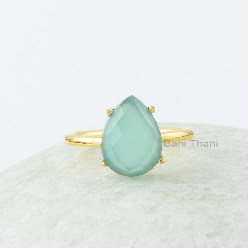 Aqua Chalcedon Ring - Sterling Silber Krappenset Schmuck Birnen-Edelstein-Ring Geschenk Für Den Sommer Studenten von BaniThani