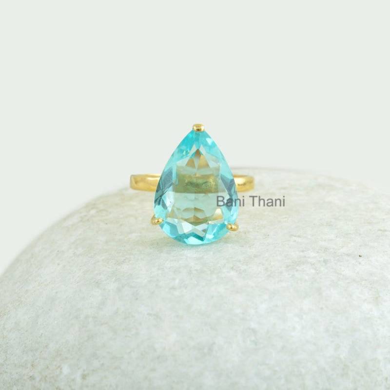 Aqua Quarz Birne Edelstein Ring - Prong Set Vergoldeter Sterling Silber Handgemachter Für Abschlussball Geschenk Frauen Schmuck Schriftsteller von BaniThani