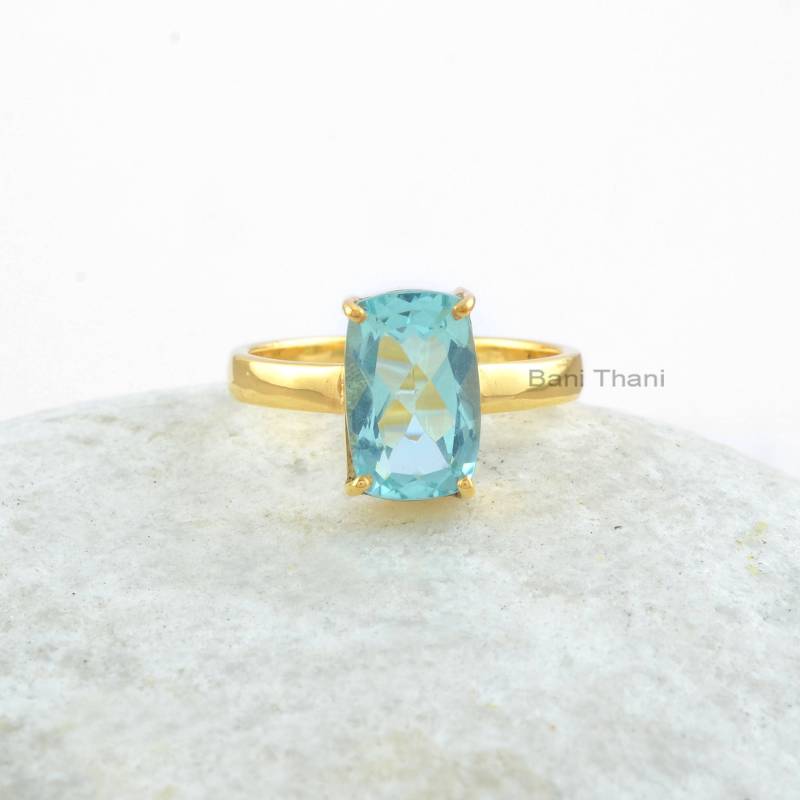 Aqua Quarz Ring-Aqua 7 X 11 Mm Rechteck Sterling Silber Edelstein Ring-18K Vergoldet Ring-Silber Ring-Edelstein Schmuck-Geschenk Für Sie von BaniThani