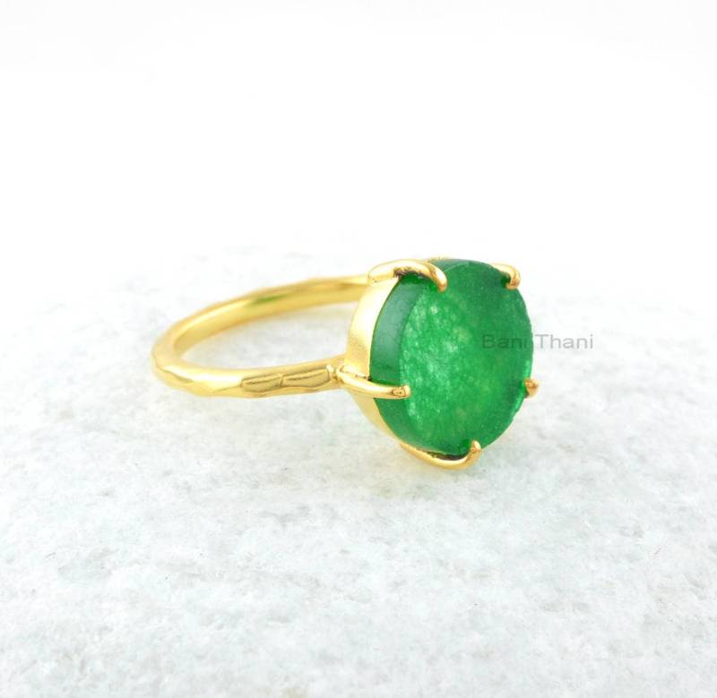 Aventurin-Edelstein-Ring-Grüner Aventurin Flach 12 Mm Runder Ring-925 Sterling Silber Vergoldet Krappen-Set Ring-Brautschmuck-Verlobungsring von BaniThani