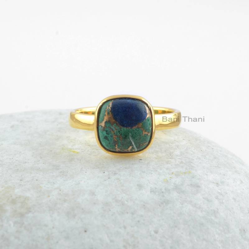 Azurit Kissen Edelstein Ring - 10 Mm Sterling Silber 18K Vergoldet Handgemachter Geschenk Für Frauen Schmuck Braut von BaniThani