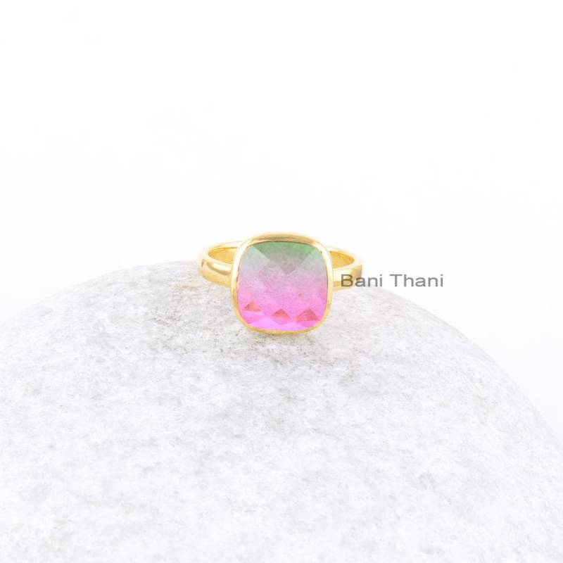 Bio Turmalin Quarz Ring - 10 Mm Kissenring Vergoldeter 925 Sterling Silber Geschenk Für Sie Frauen Schmuck von BaniThani